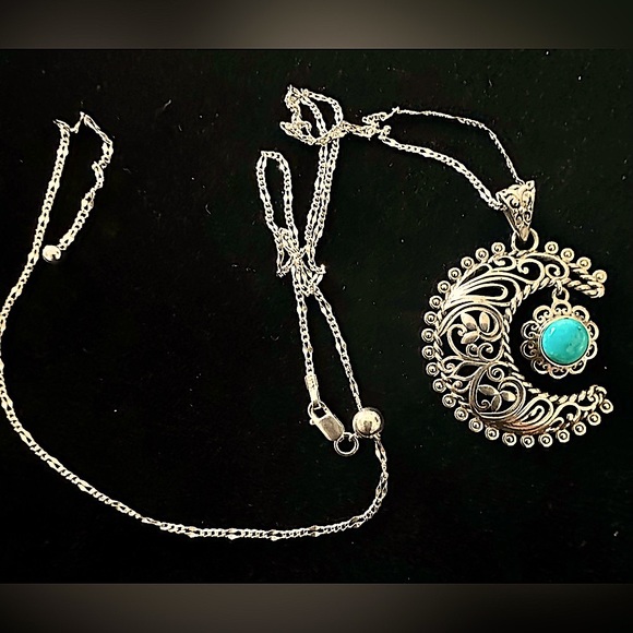 Genuine Blue Ridge Turquoise Crescent Moon SS Pendant on SS Chain Necklace NWT - Picture 2 of 12